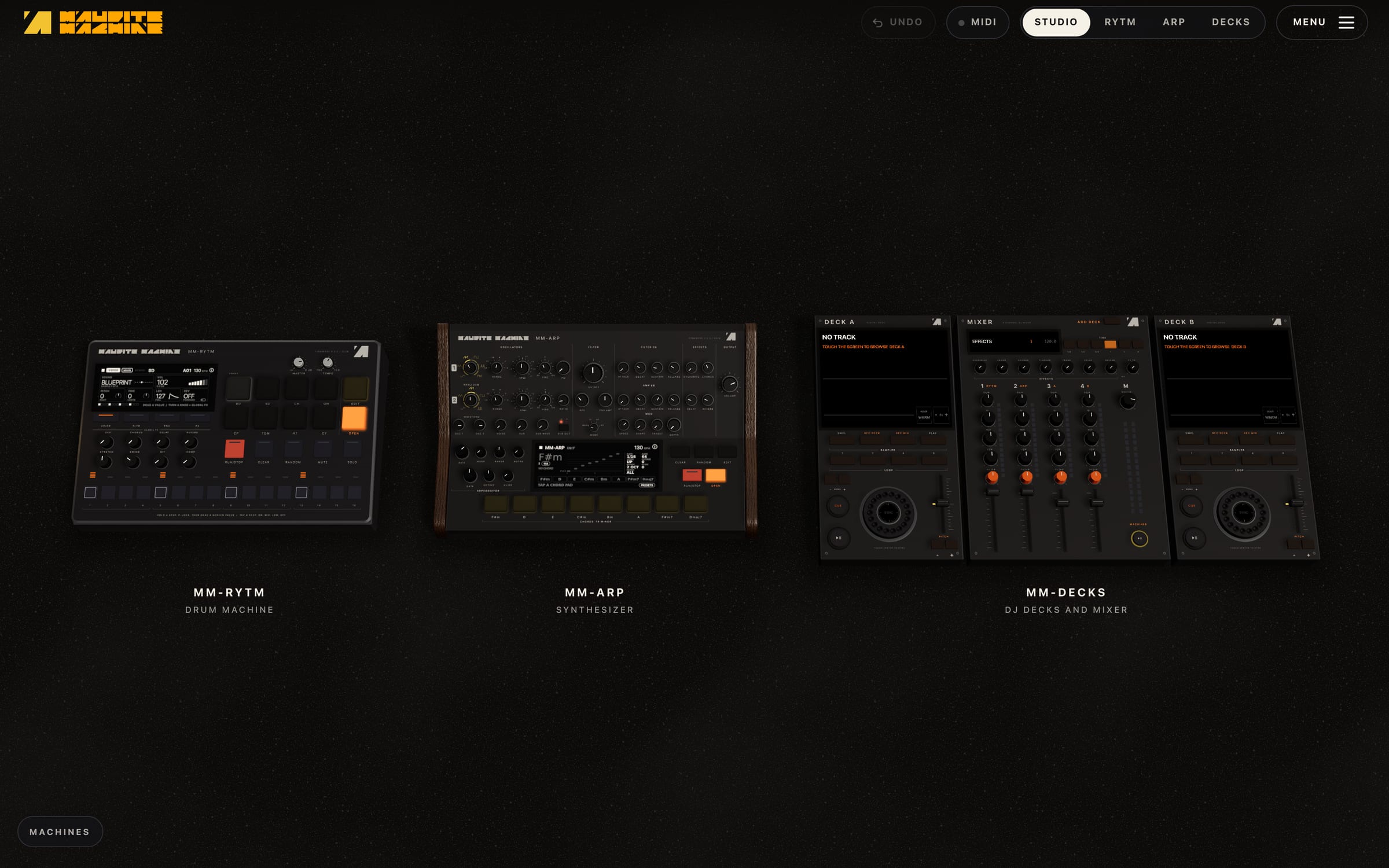 MM-STUDIO by Maudite Machine : MM-RYTM, MM-ARP et MM-DECKS côte à côte en 3D